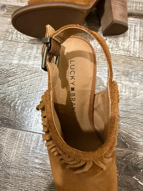 Lucky Brand Tan Suede Fringe Block Heel Sandals - Picture 5 of 9